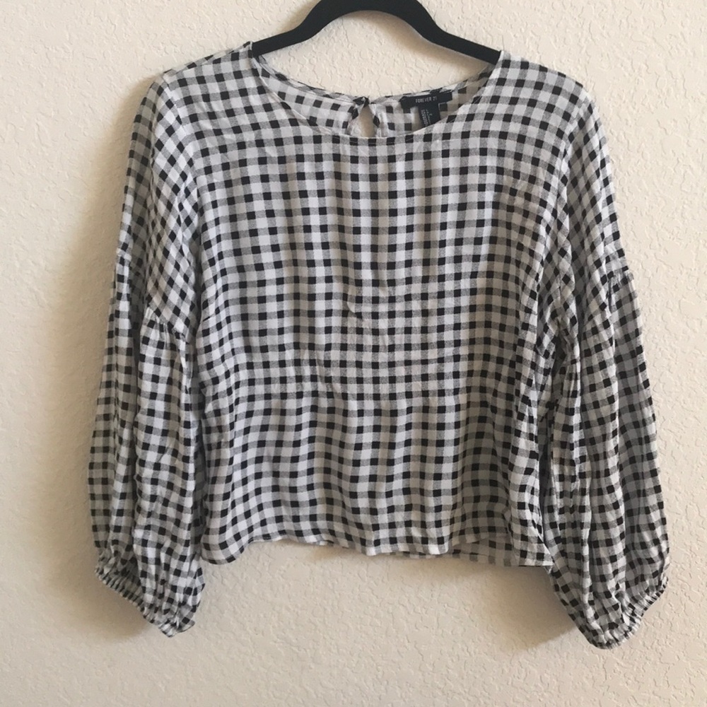 F21 Checkered Ballon Sleeve Top